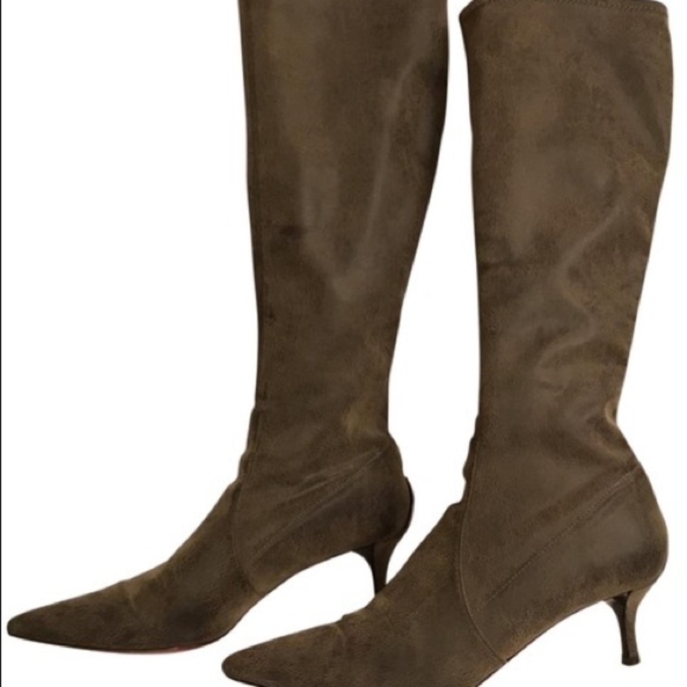 Donald J. Pliner Brown Suede Knee-High Pointed Toe Kitten Heel Boots